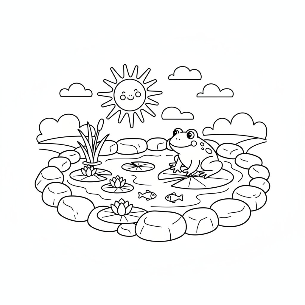 Página para Colorear de Estanque de Jardín - Fácil