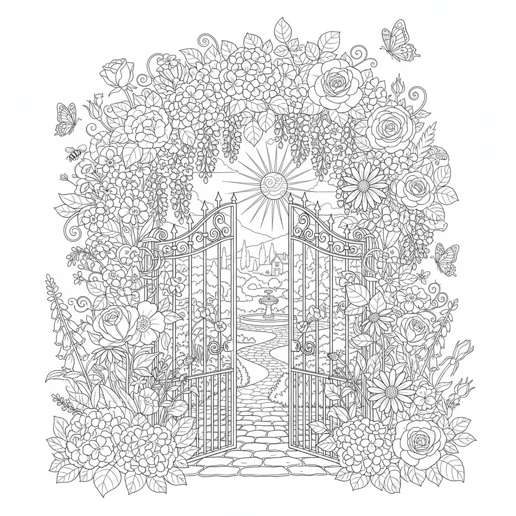 Página para colorear de puerta de jardín acogedora - Difícil