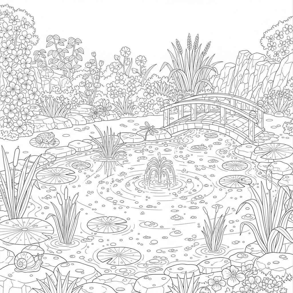 Página para Colorear de Estanque de Jardín - Difícil