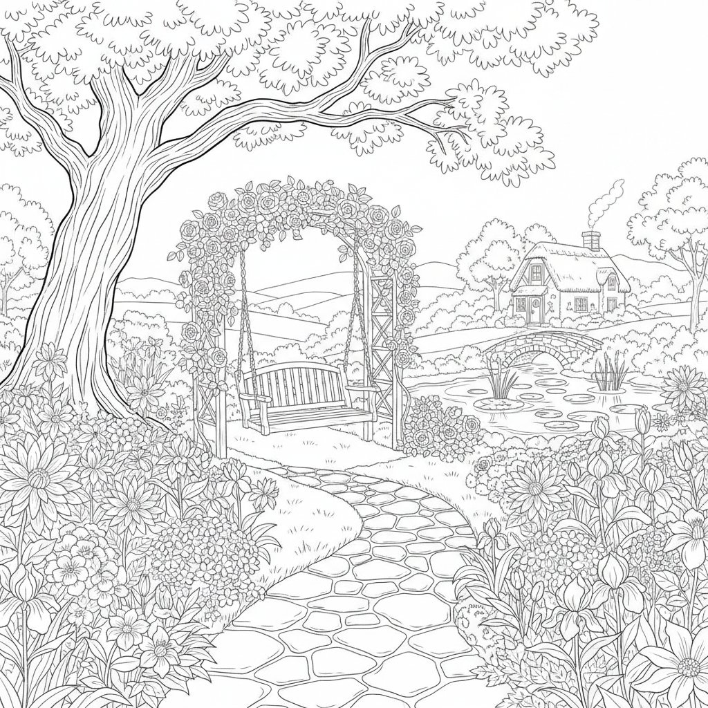 Página para Colorear de Columpio de Jardín - Difícil