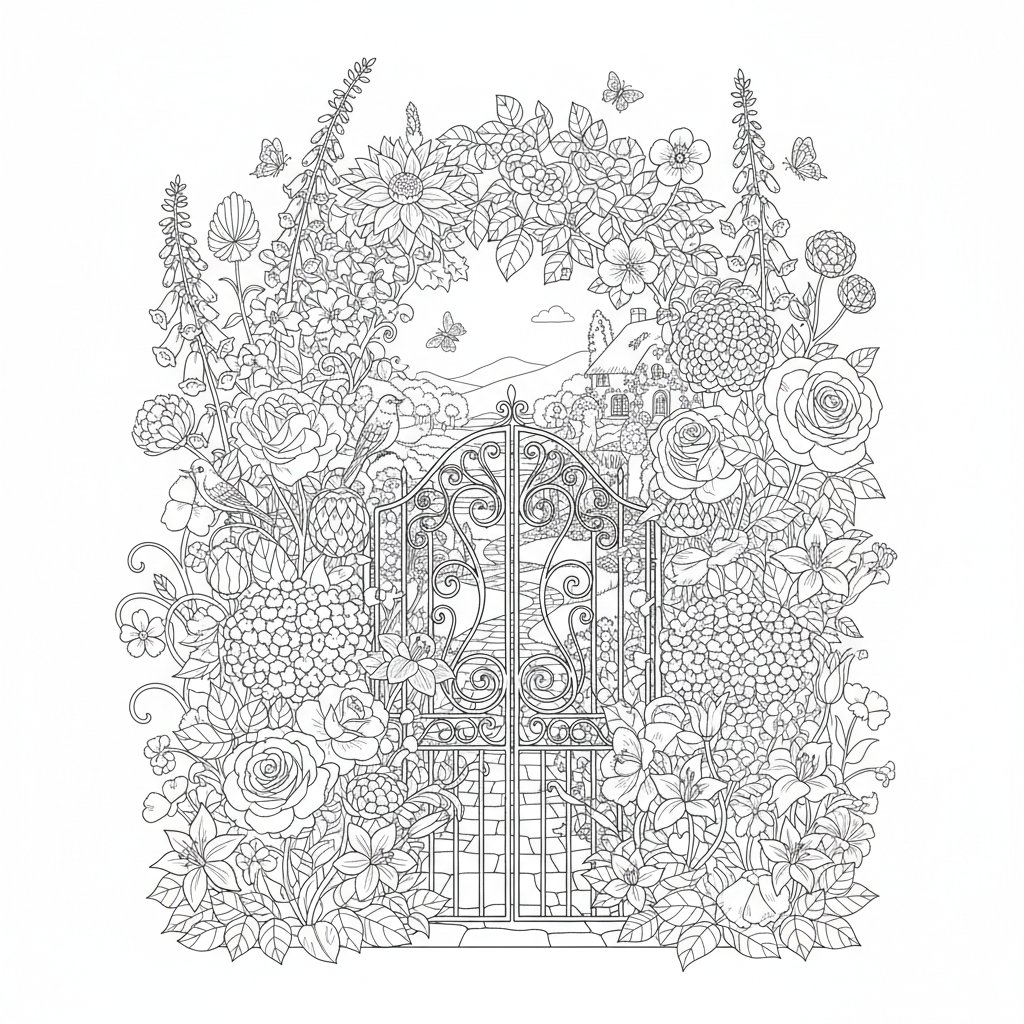Página para Colorear de Puerta de Jardín Elegante - Difícil