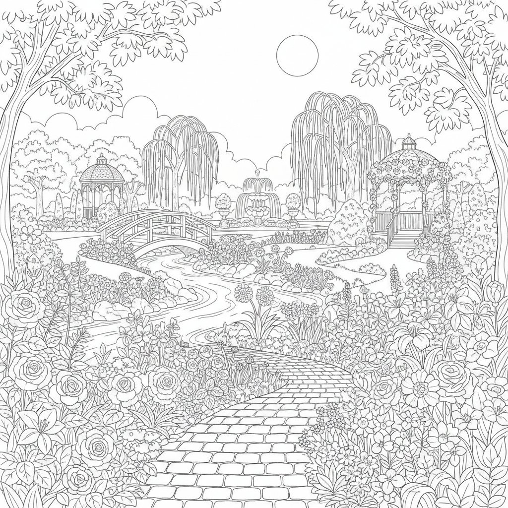 Página para Colorear de Sendero del Jardín Feliz - Difícil