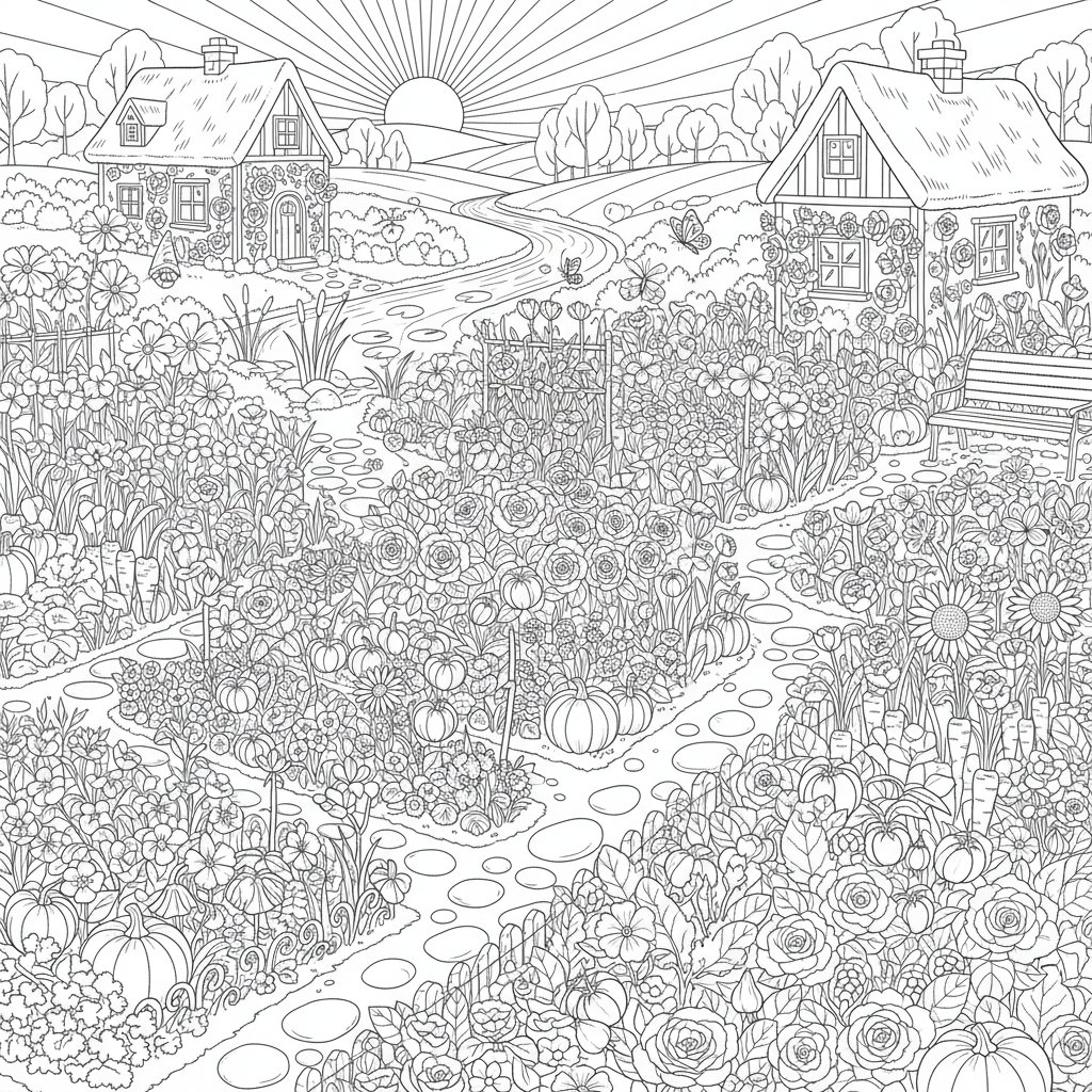 Página para Colorear de Jardín de Verduras Encantador - Difícil