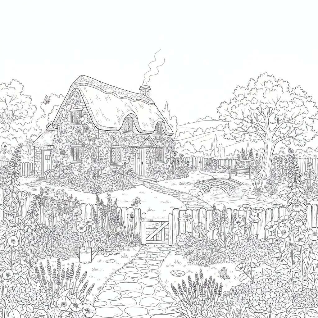 Página para Colorear Jardín Cottage Inglés Maravilloso - Difícil