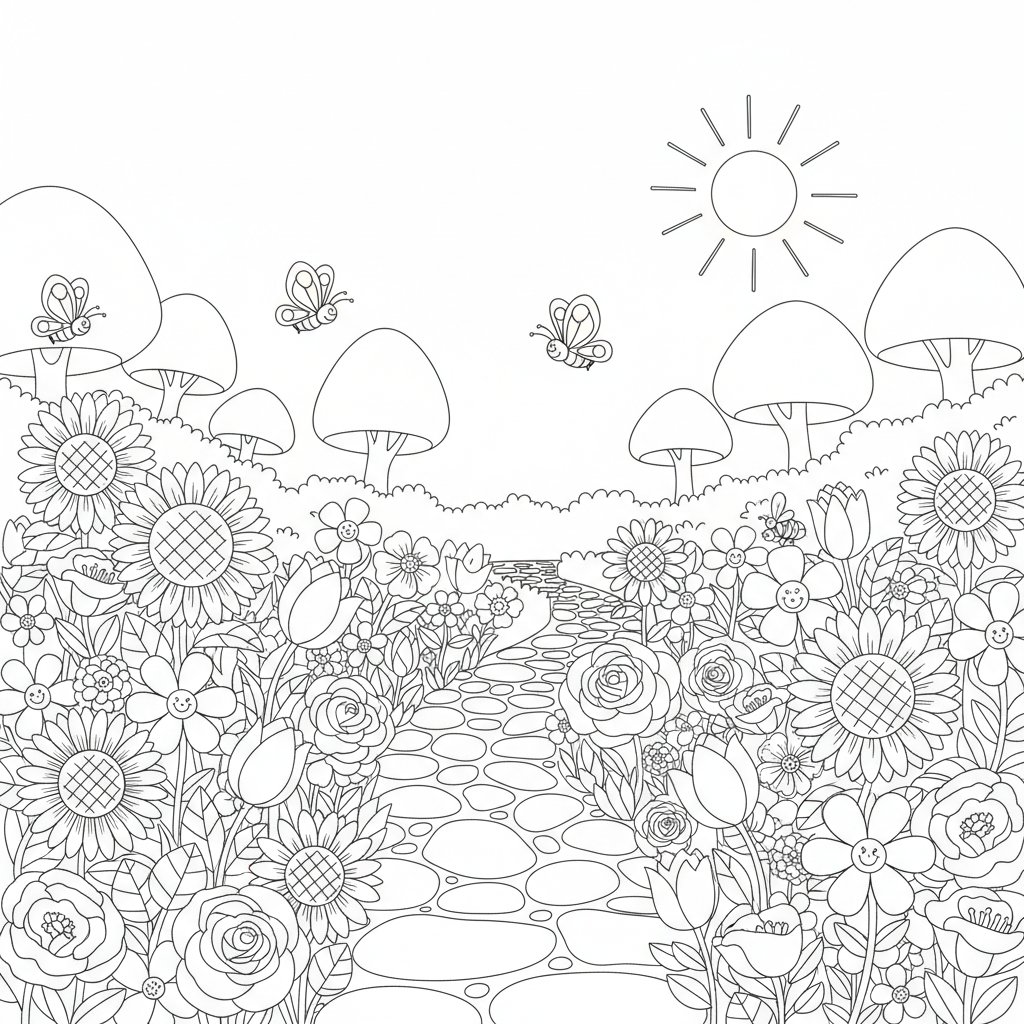 Página para Colorear del Encantador Camino del Jardín - Medio