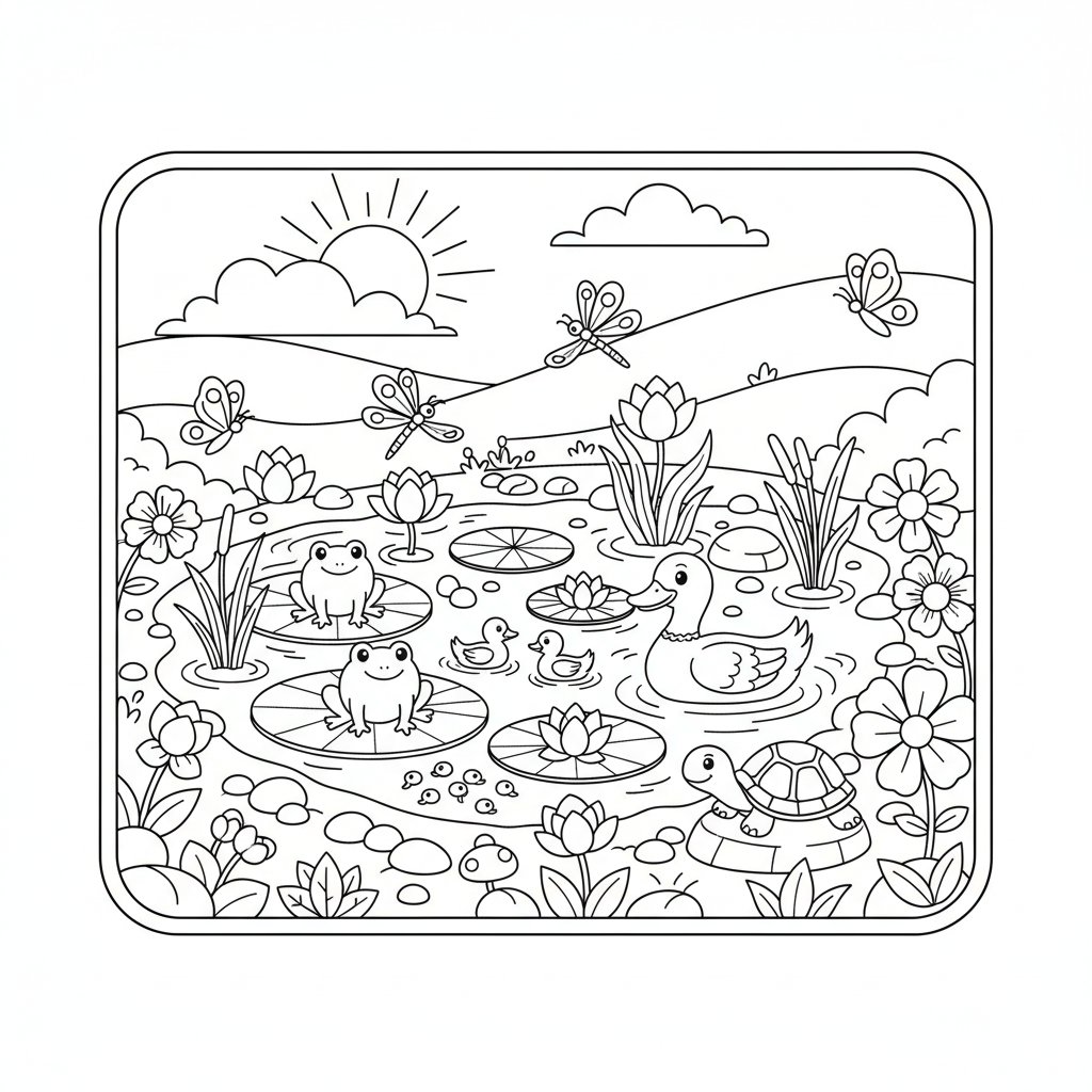 Página para Colorear de Estanque de Jardín - Medio