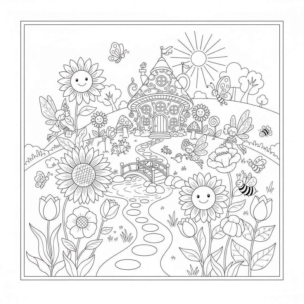 Página para Colorear de Jardín de Hadas Feliz - Medio