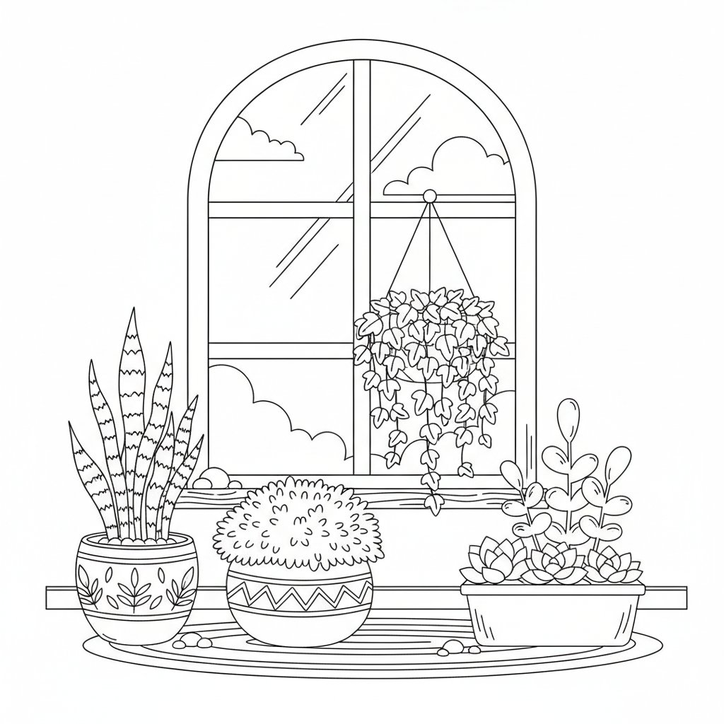 Página para Colorear de Plantas en Maceta Alegres - Medio