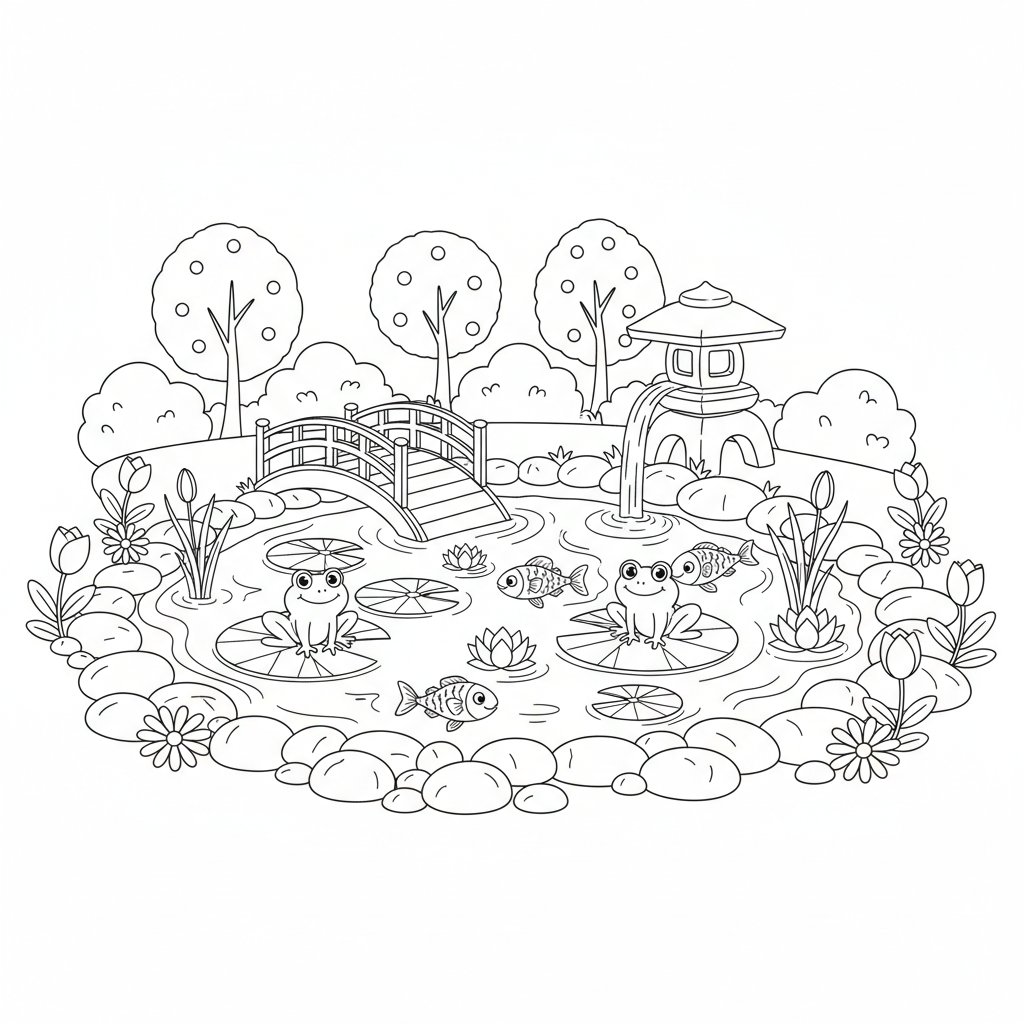 Página para Colorear de Lindo Estanque del Jardín - Medio
