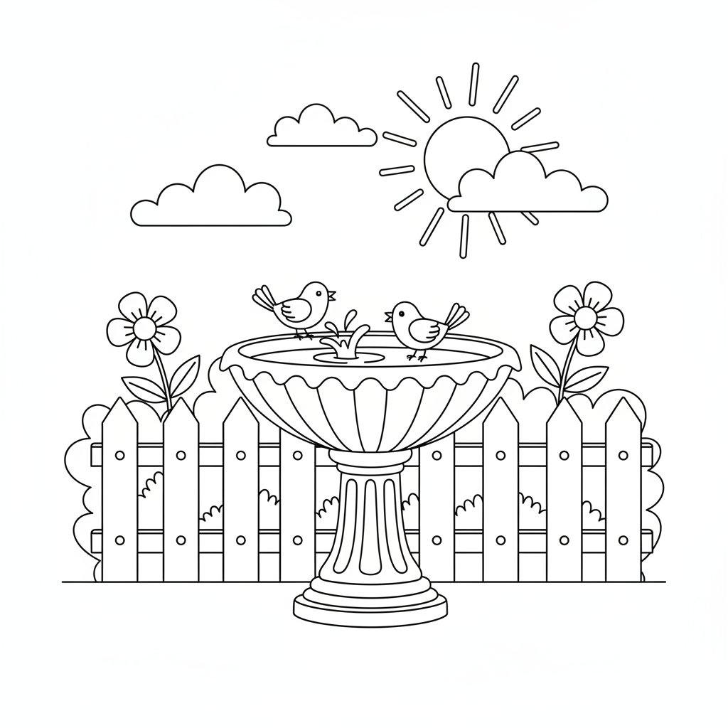 Página para Colorear de Baño para Pájaros Impresionante - Medio