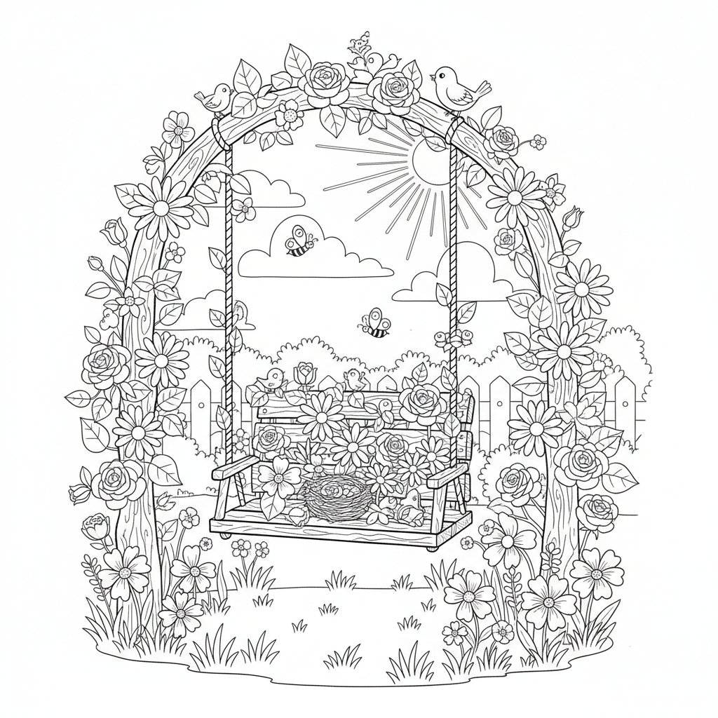 Página para Colorear del Columpio del Jardín Caprichoso - Medio