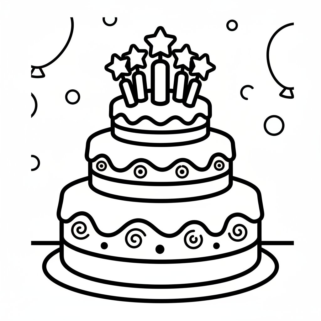 Página para Colorear Hermosa Tarta de Cumpleaños - Fácil