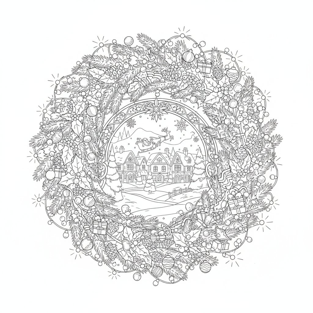 Página para Colorear de Corona de Navidad - Difícil