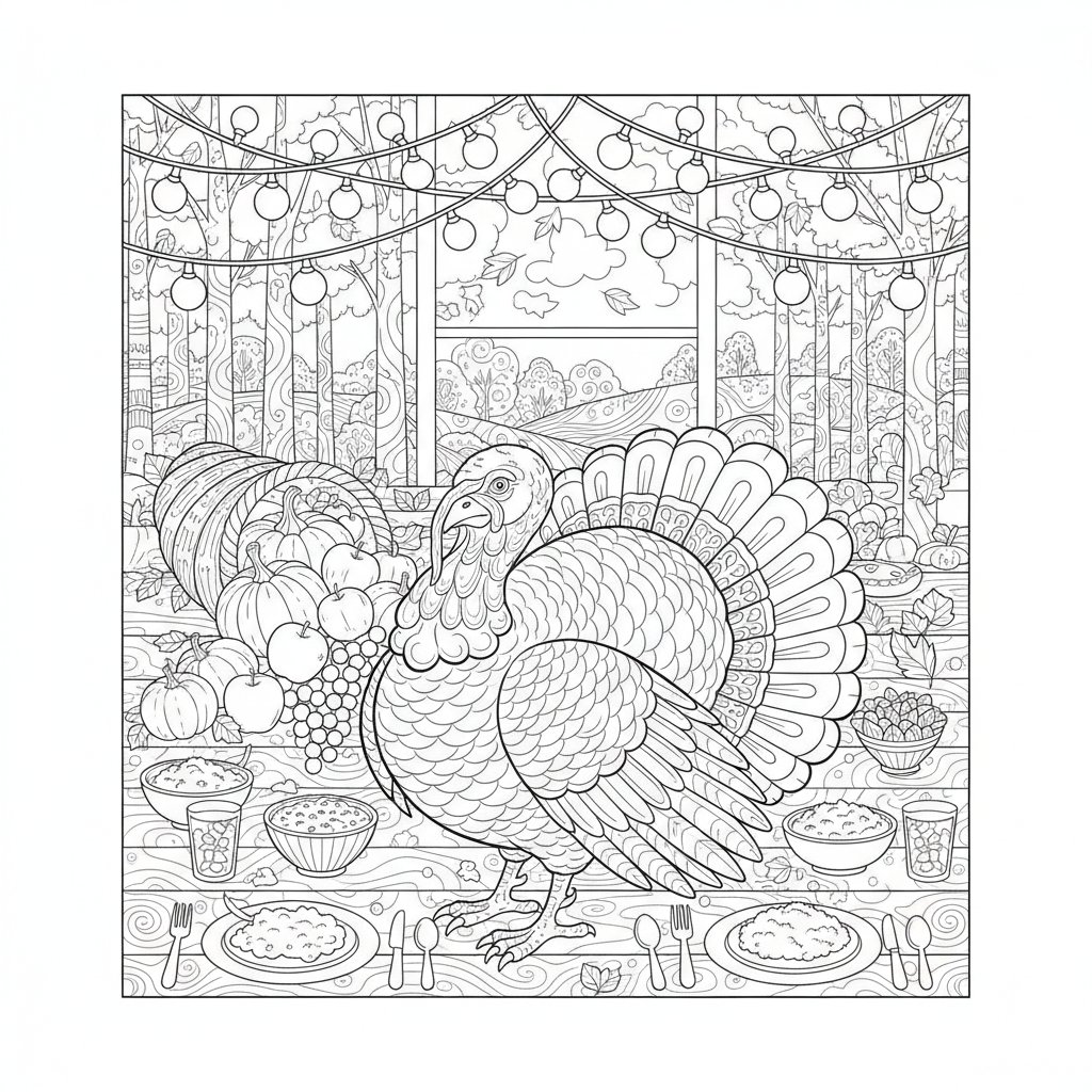 Página para Colorear de Pavo de Acción de Gracias Suave - Difícil