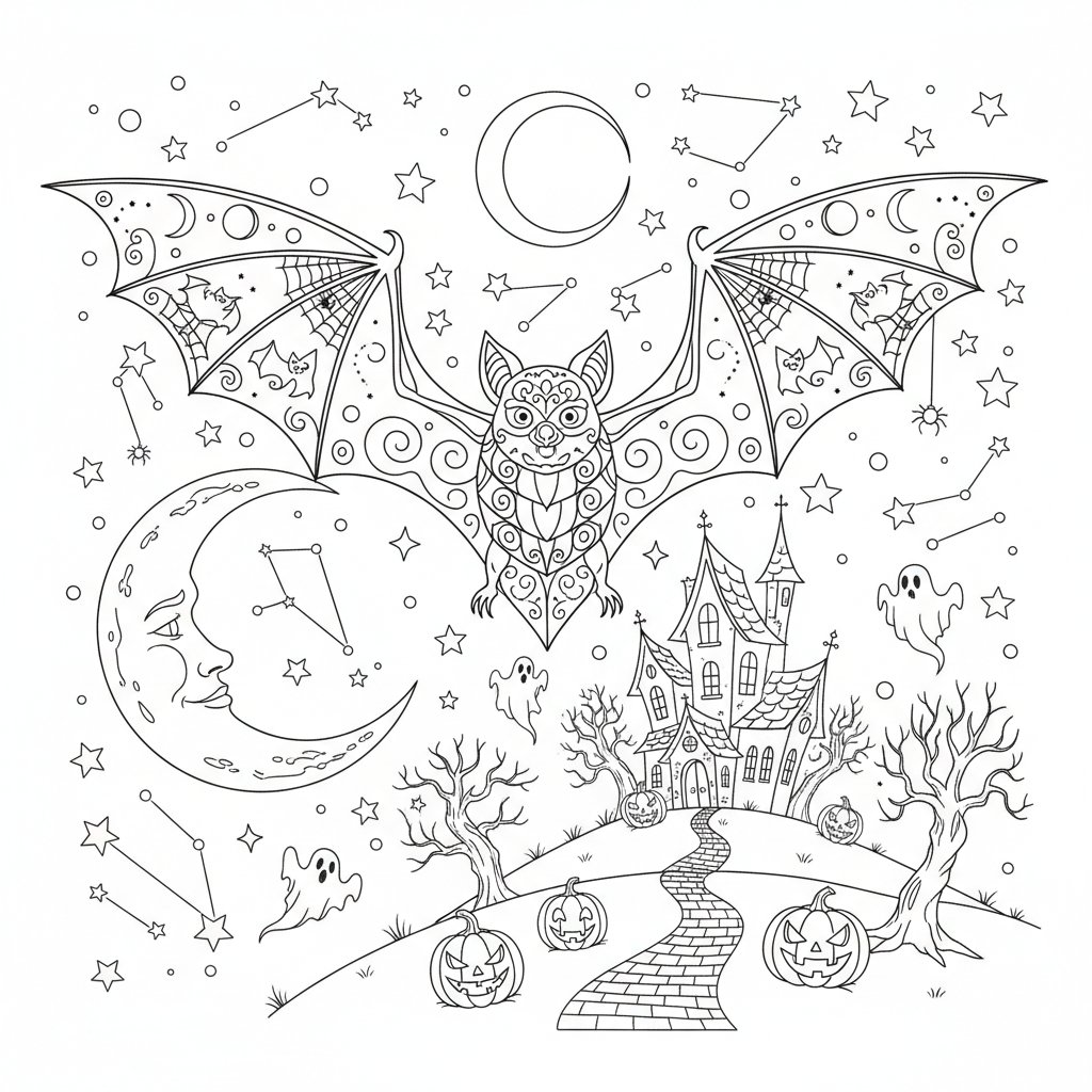 Página para Colorear de Murciélago de Halloween - Difícil