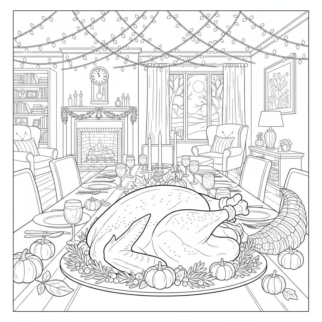 Página para Colorear de Pavo de Acción de Gracias - Difícil