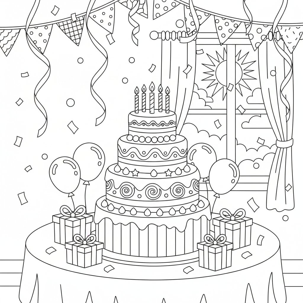 Página para Colorear del Encantador Pastel de Cumpleaños - Medio