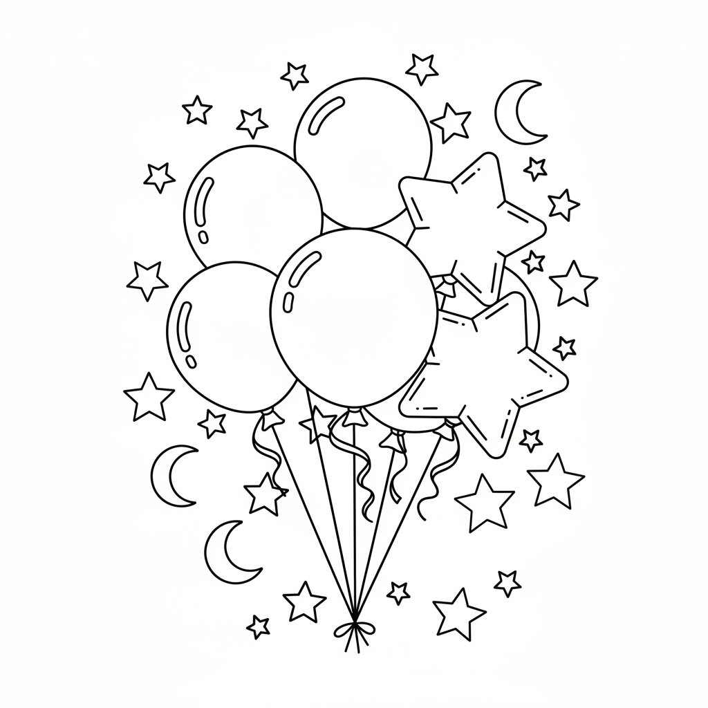 Página para Colorear de Lindos Globos de Cumpleaños - Medio