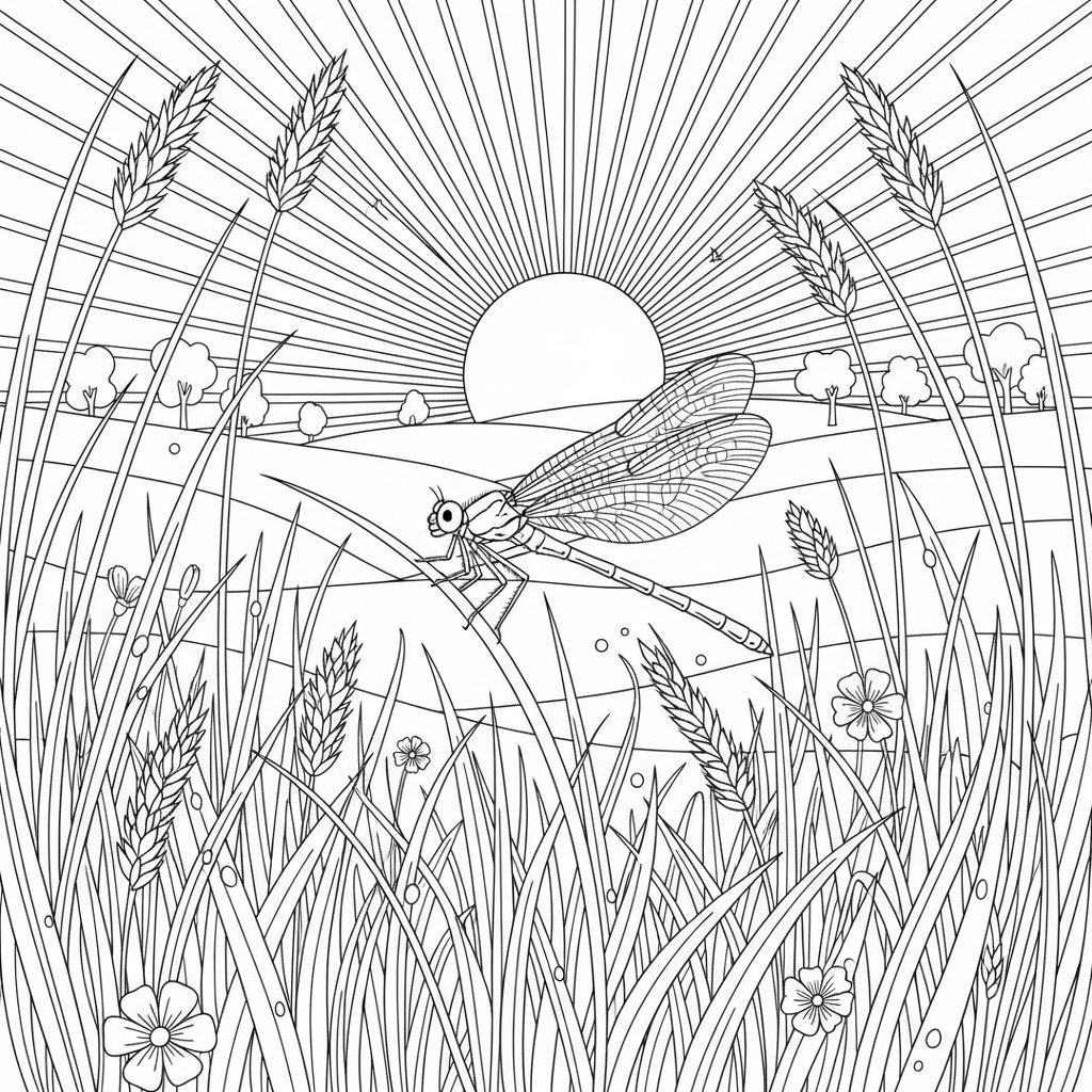 Página para Colorear de la Caballito del Diablo Soñador - Difícil