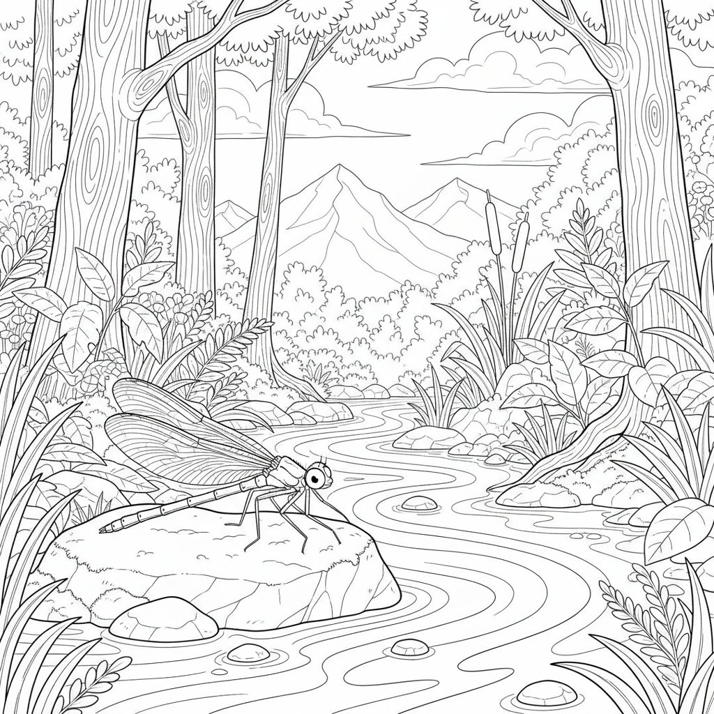 Página para Colorear del Caballito del Diablo Mágico - Difícil