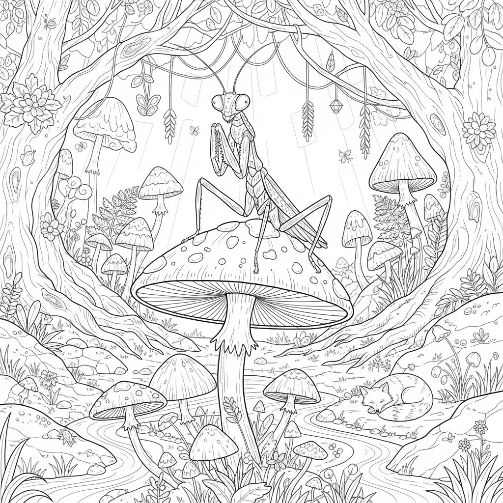 Página para Colorear de Mantis Religiosa - Difícil