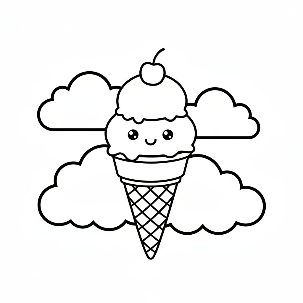 Página para Colorear del Adorable Helado Kawaii - Fácil