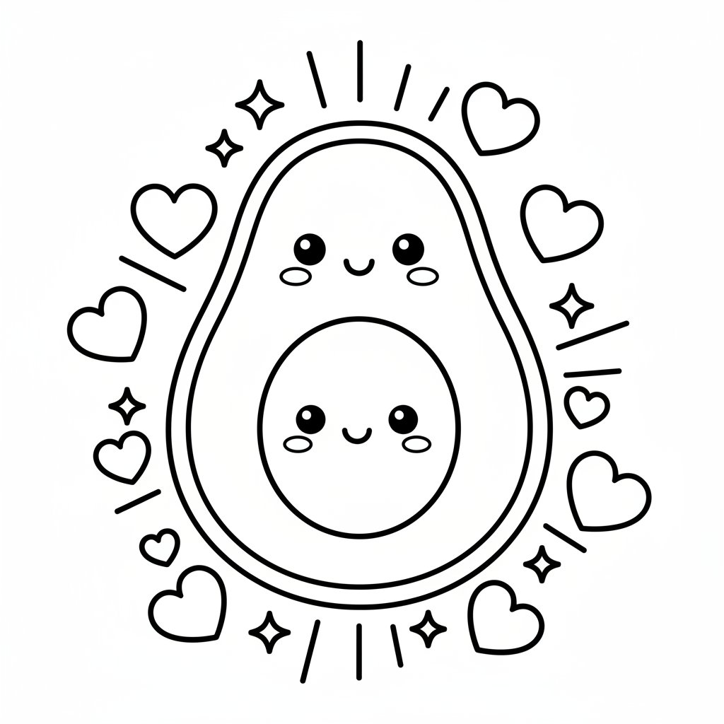 Página para Colorear de Alegre Aguacate Kawaii - Fácil