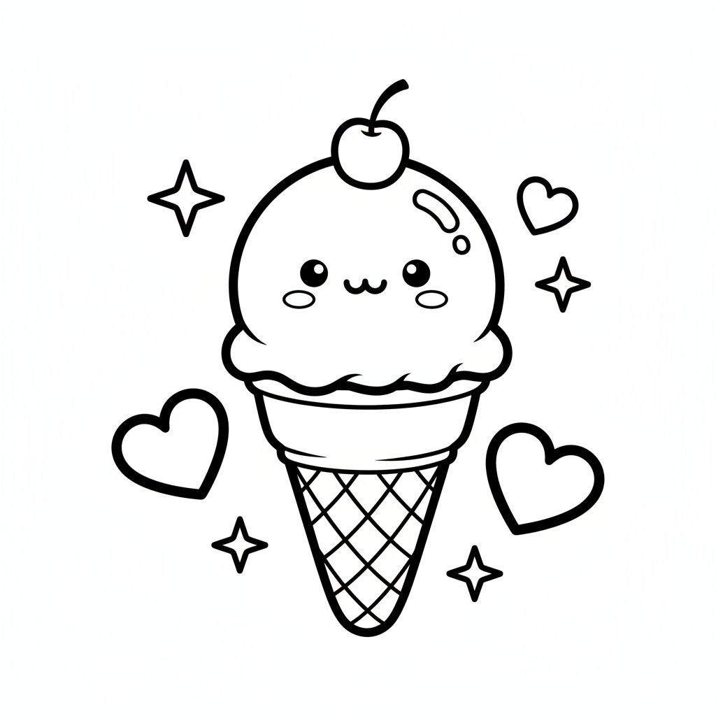 Página para Colorear del Helado Kawaii Feliz - Fácil