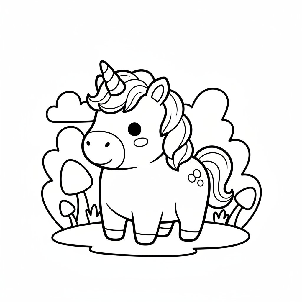 Página para Colorear del Unicornio Kawaii Feliz - Fácil
