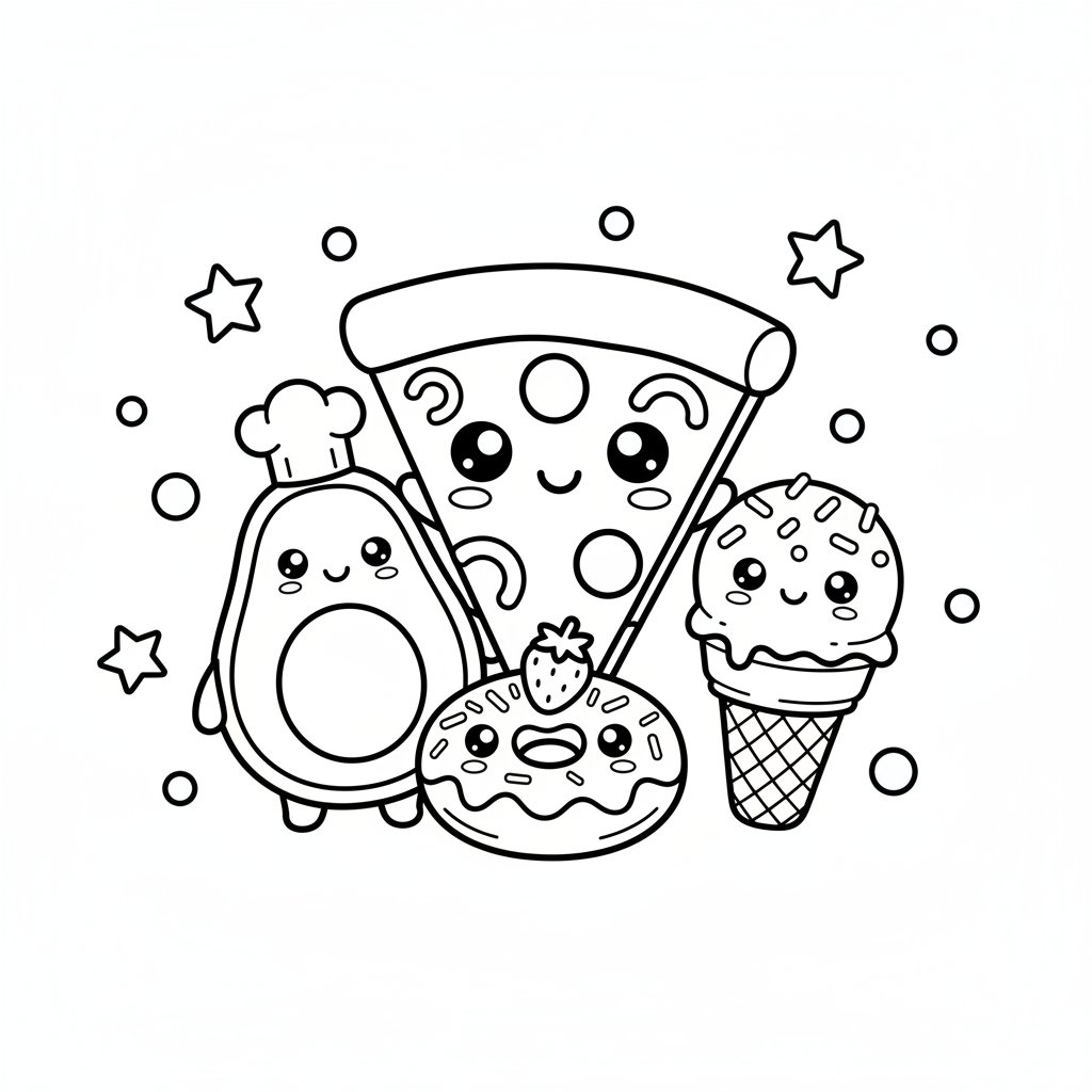 Página para colorear Kawaii Pizza - Fácil