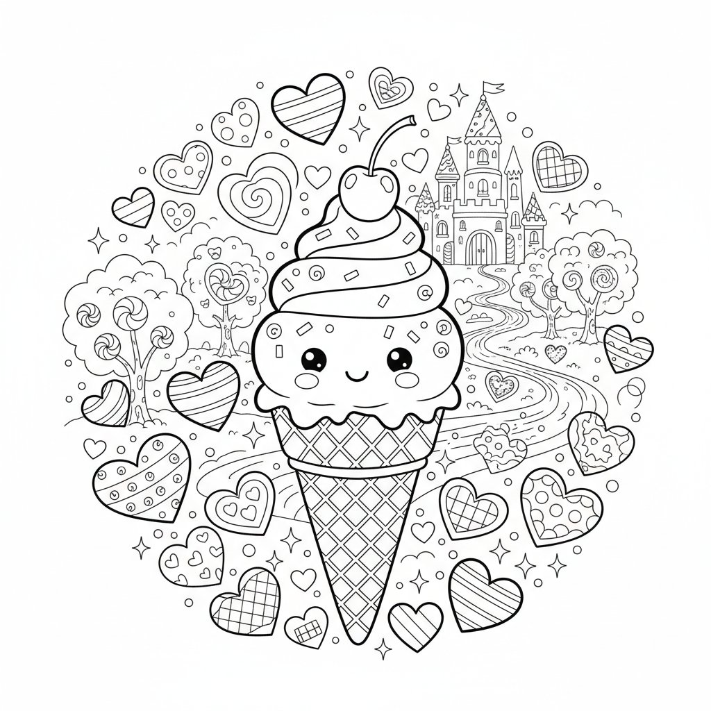 Página para Colorear de Helado Kawaii Artístico - Difícil