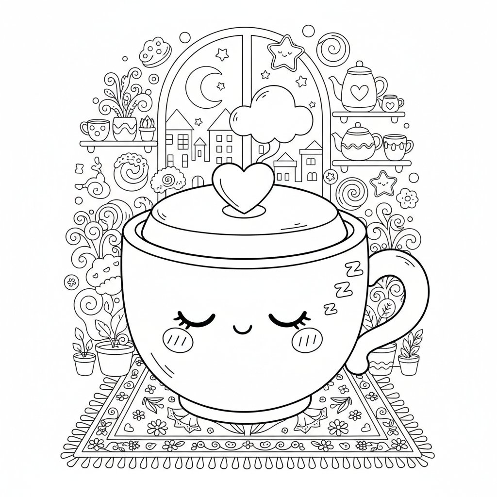 Página para Colorear de Taza de Café Kawaii Encantadora - Difícil