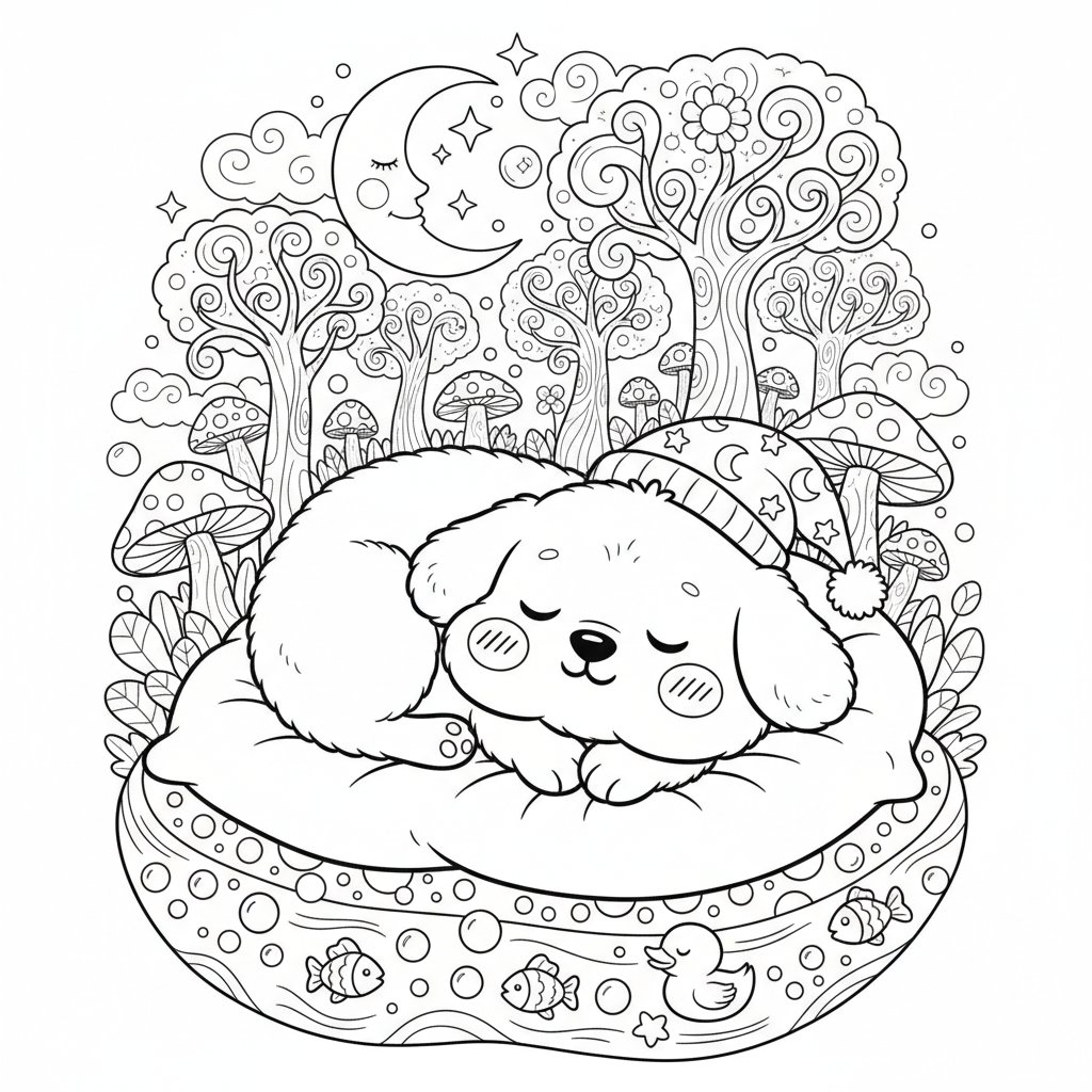 Página para colorear de perro kawaii acogedor - Difícil