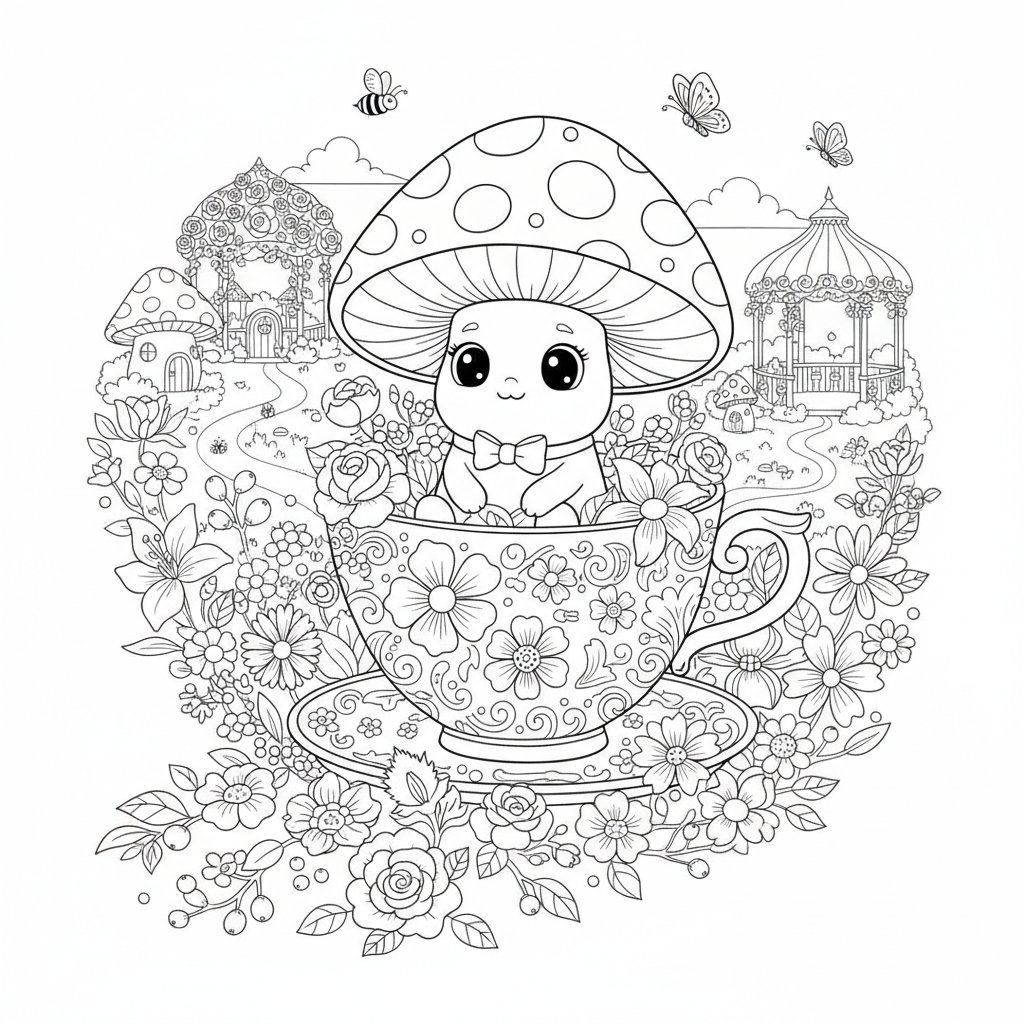 Página para Colorear Creativa de Hongo Kawaii - Difícil