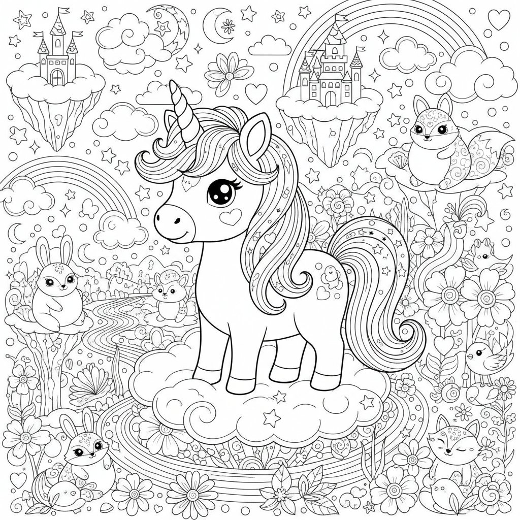 Página para Colorear Creativa de Unicornio Kawaii - Difícil