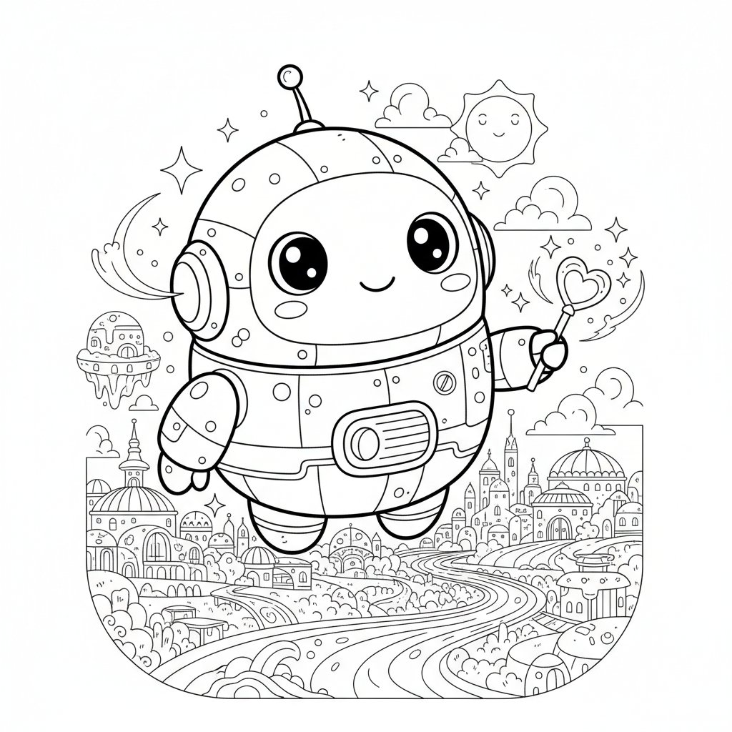 Página para Colorear de Lindo Robot Kawaii - Difícil