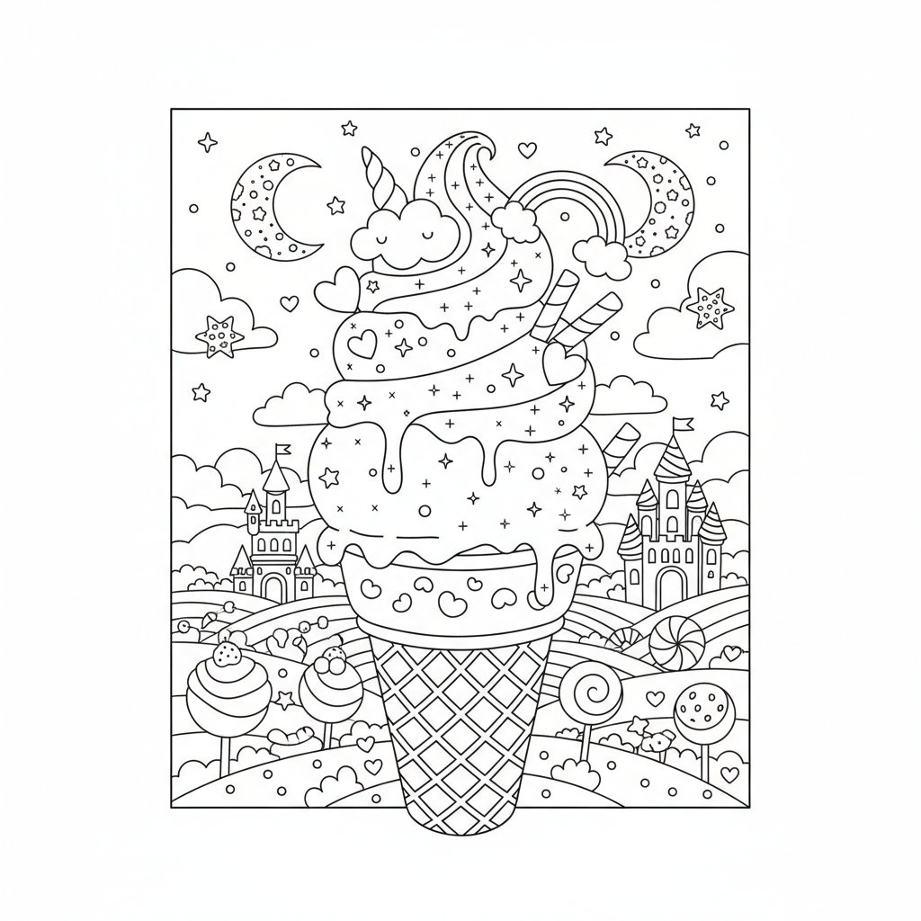 Página para Colorear de Helado Kawaii Soñador - Difícil