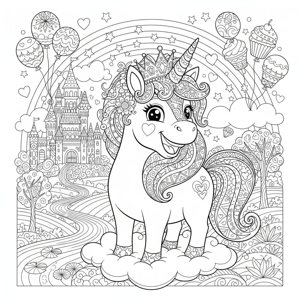 Fantástica Página para Colorear de Unicornio Kawaii - Difícil