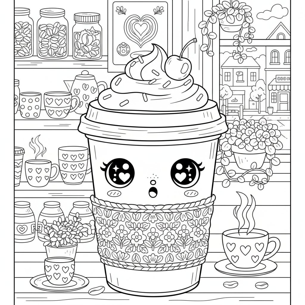 Página para Colorear de Taza de Café Kawaii Suave - Difícil