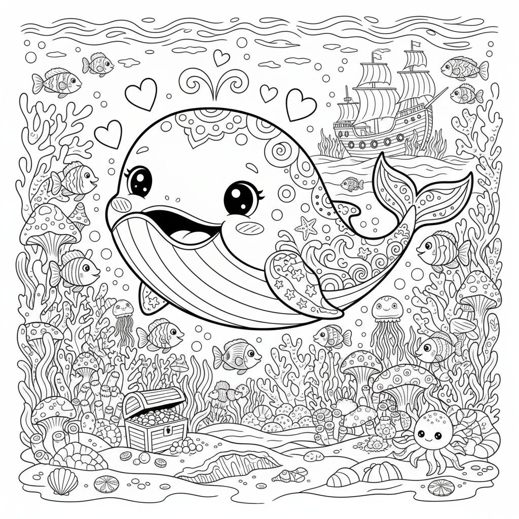 Alegre Ballena Kawaii Página para Colorear - Difícil