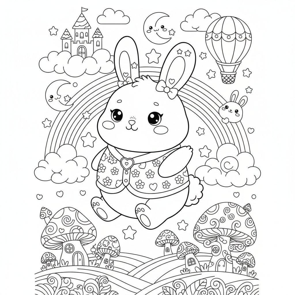 Página para Colorear de Conejito Kawaii - Difícil