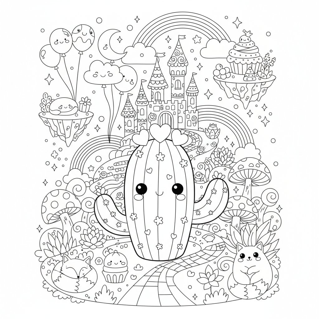 Página para Colorear de Cactus Kawaii - Difícil