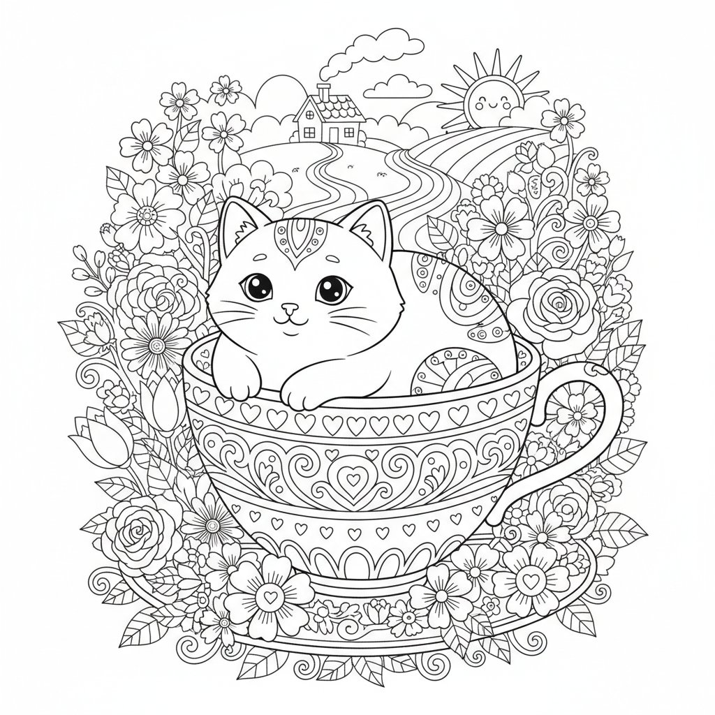 Página para Colorear de Gato Kawaii - Difícil