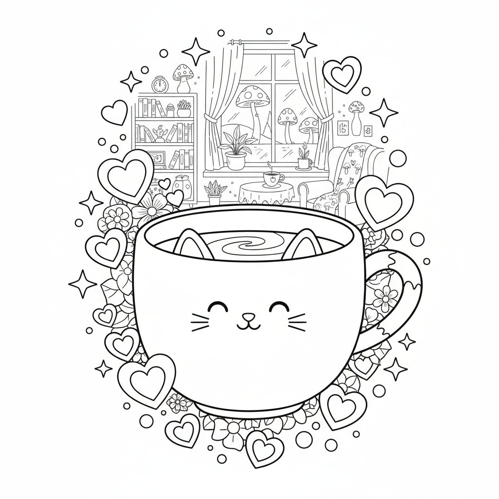 Página para colorear Kawaii Taza de Café - Difícil