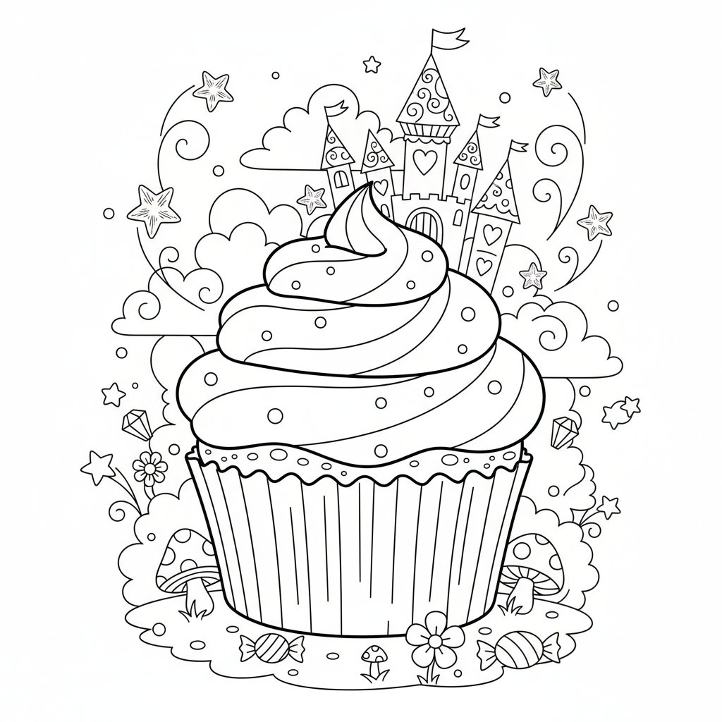 Página para colorear Kawaii Cupcake - Difícil