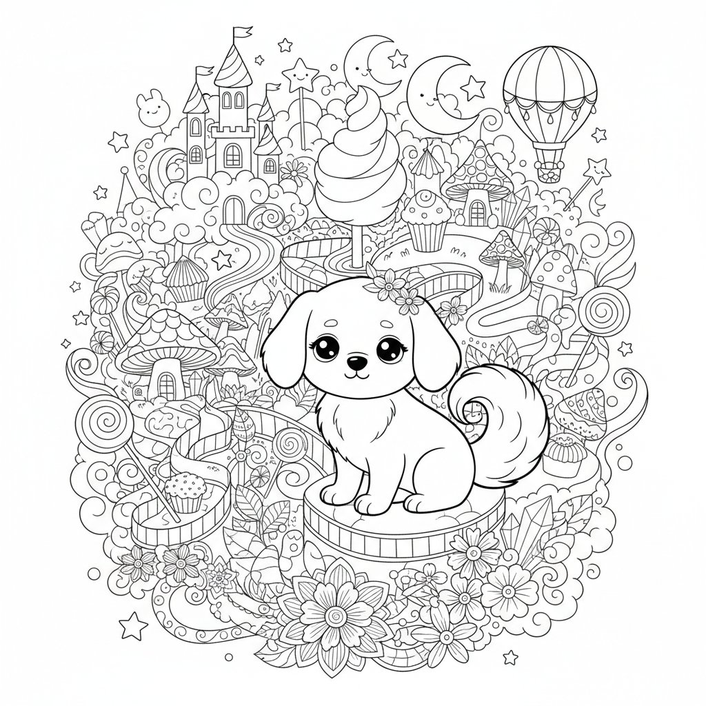 Página para colorear Kawaii Perro - Difícil