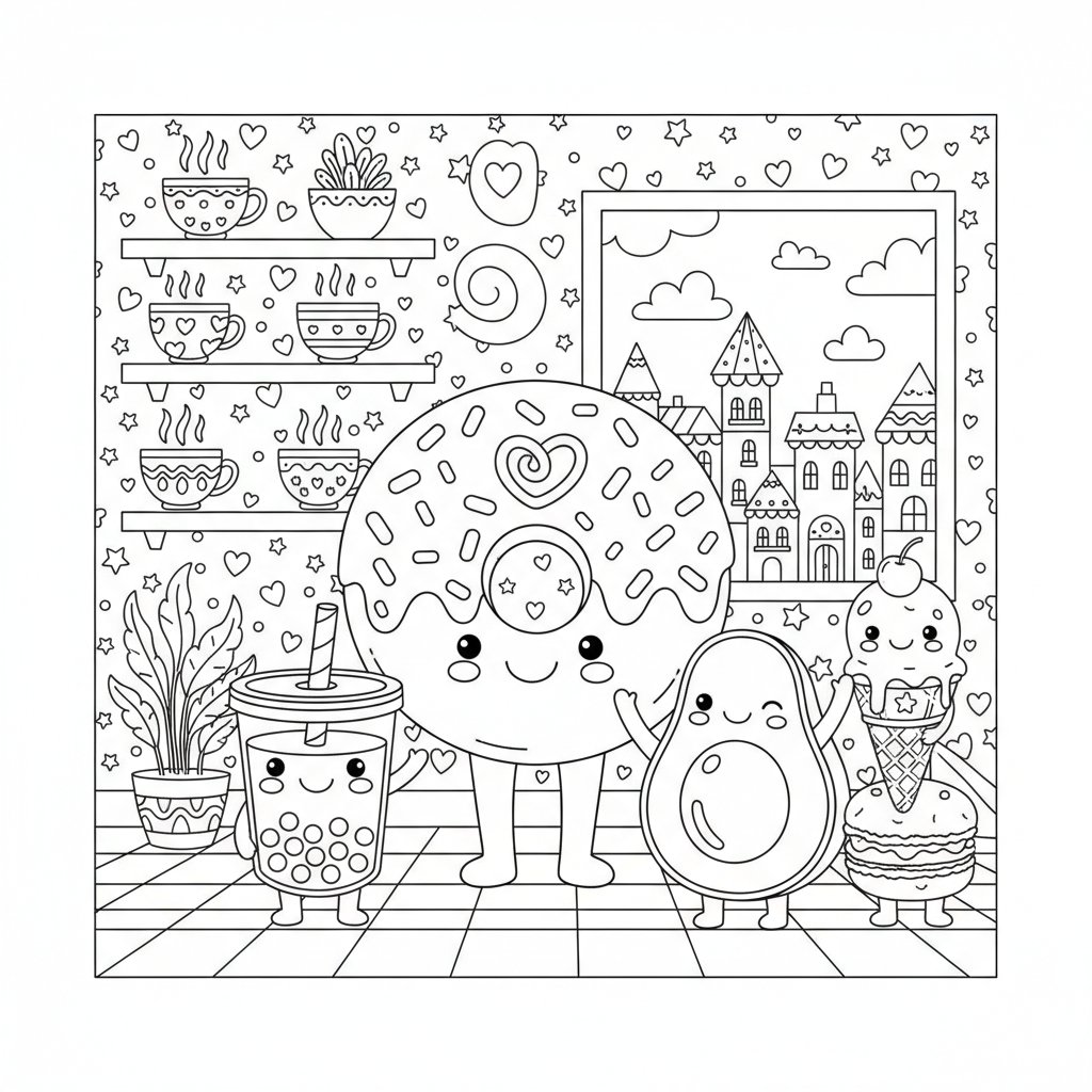 Página para colorear Kawaii Donut - Difícil