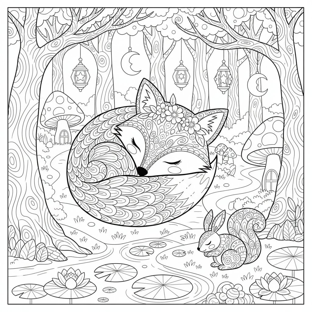 Página para colorear Kawaii Zorro - Difícil