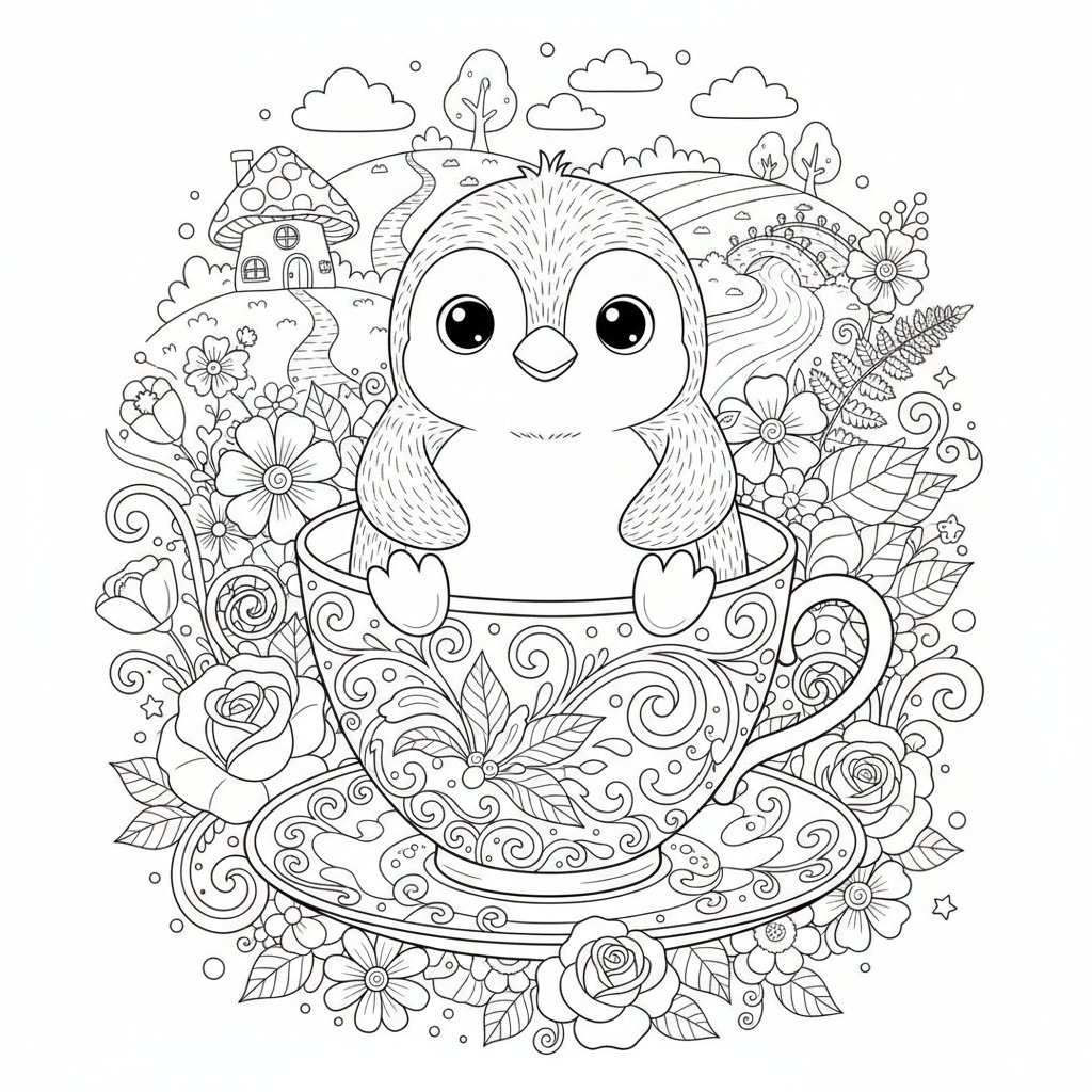 Página para colorear Kawaii Pingüino - Difícil