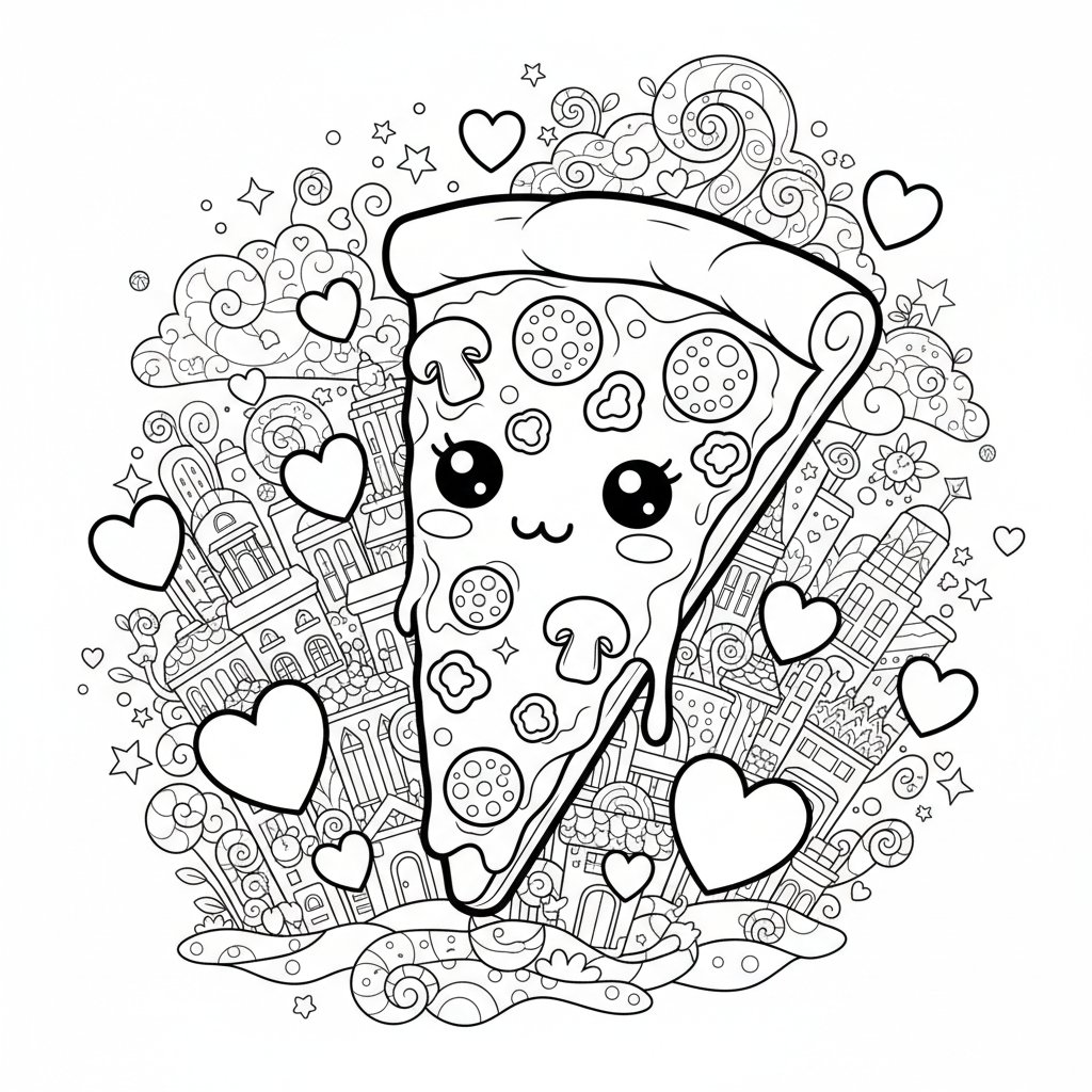 Página para colorear Kawaii Pizza - Difícil